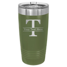 Personalized olive green 20 oz vacuum insulated tumbler with 'Monogram letter T' design