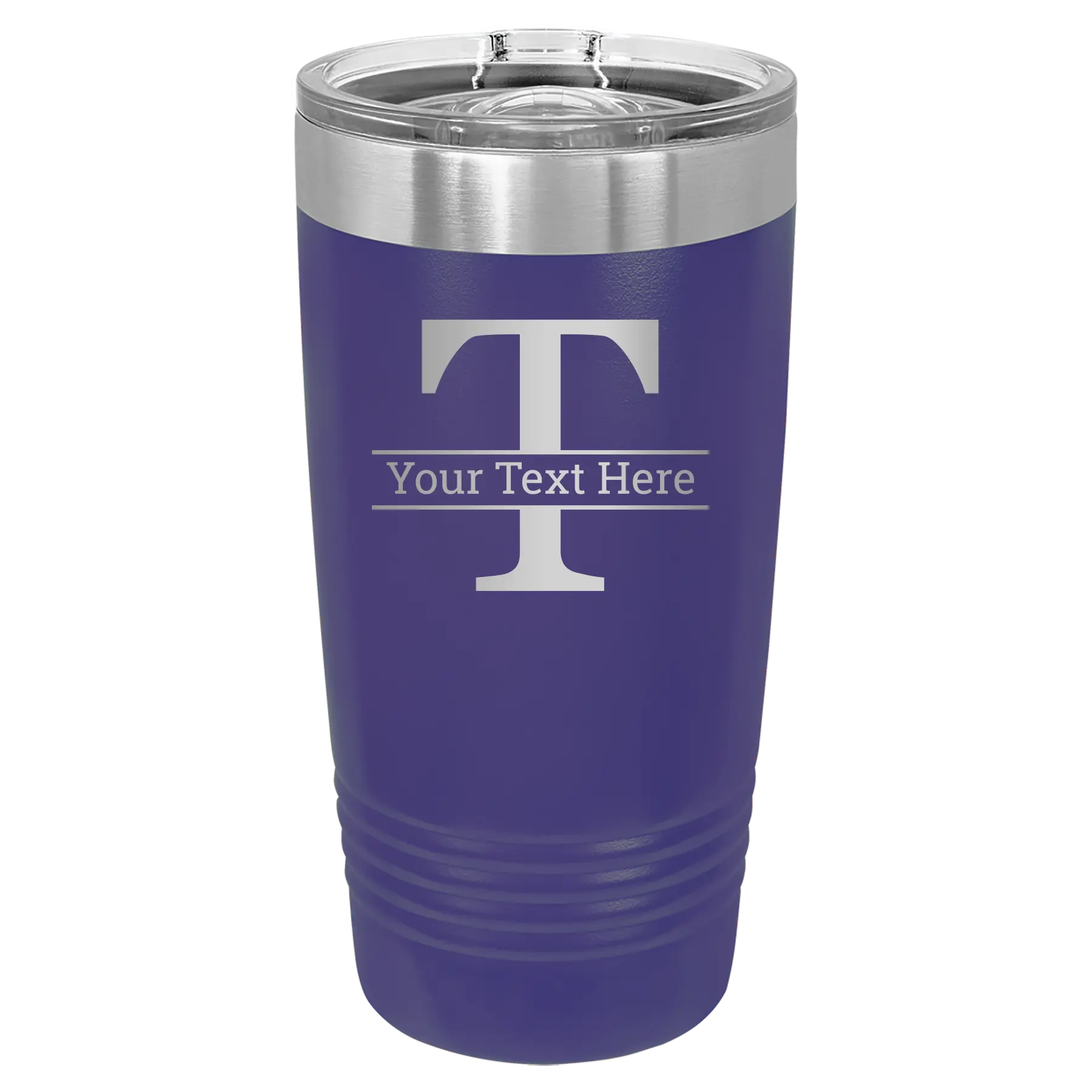 Personalized purple 20 oz vacuum insulated tumbler with 'Monogram letter T' design