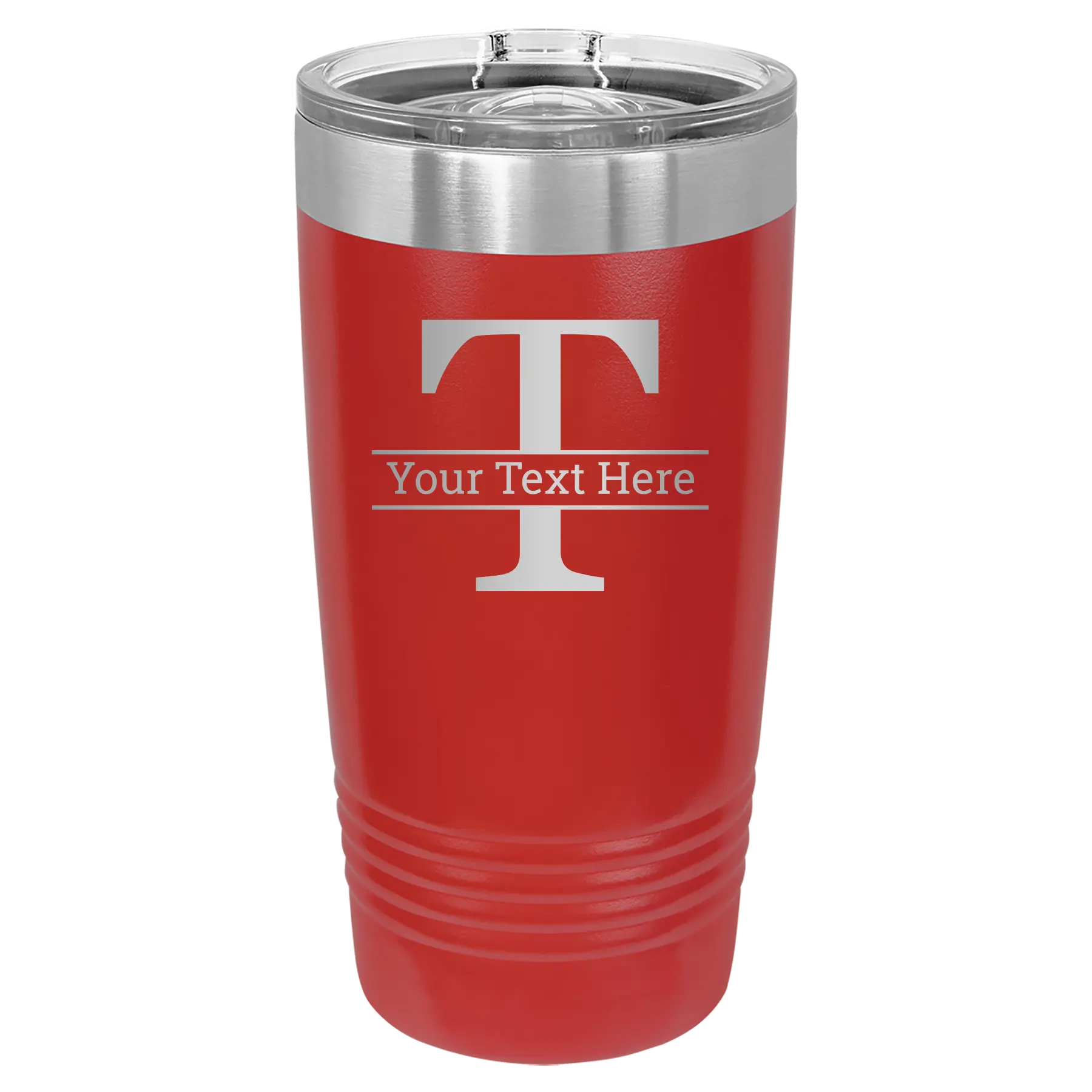 Personalized red 20 oz vacuum insulated tumbler with 'Monogram letter T' design