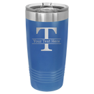 Personalized royal blue 20 oz vacuum insulated tumbler with 'Monogram letter T' design