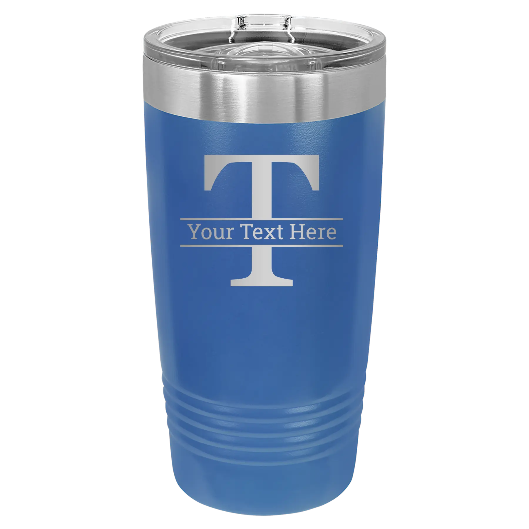 Personalized royal blue 20 oz vacuum insulated tumbler with 'Monogram letter T' design