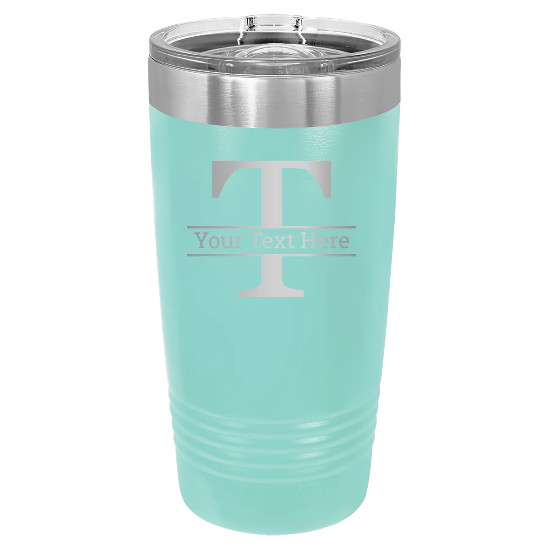 Personalized teal 20 oz vacuum insulated tumbler with 'Monogram letter T' design