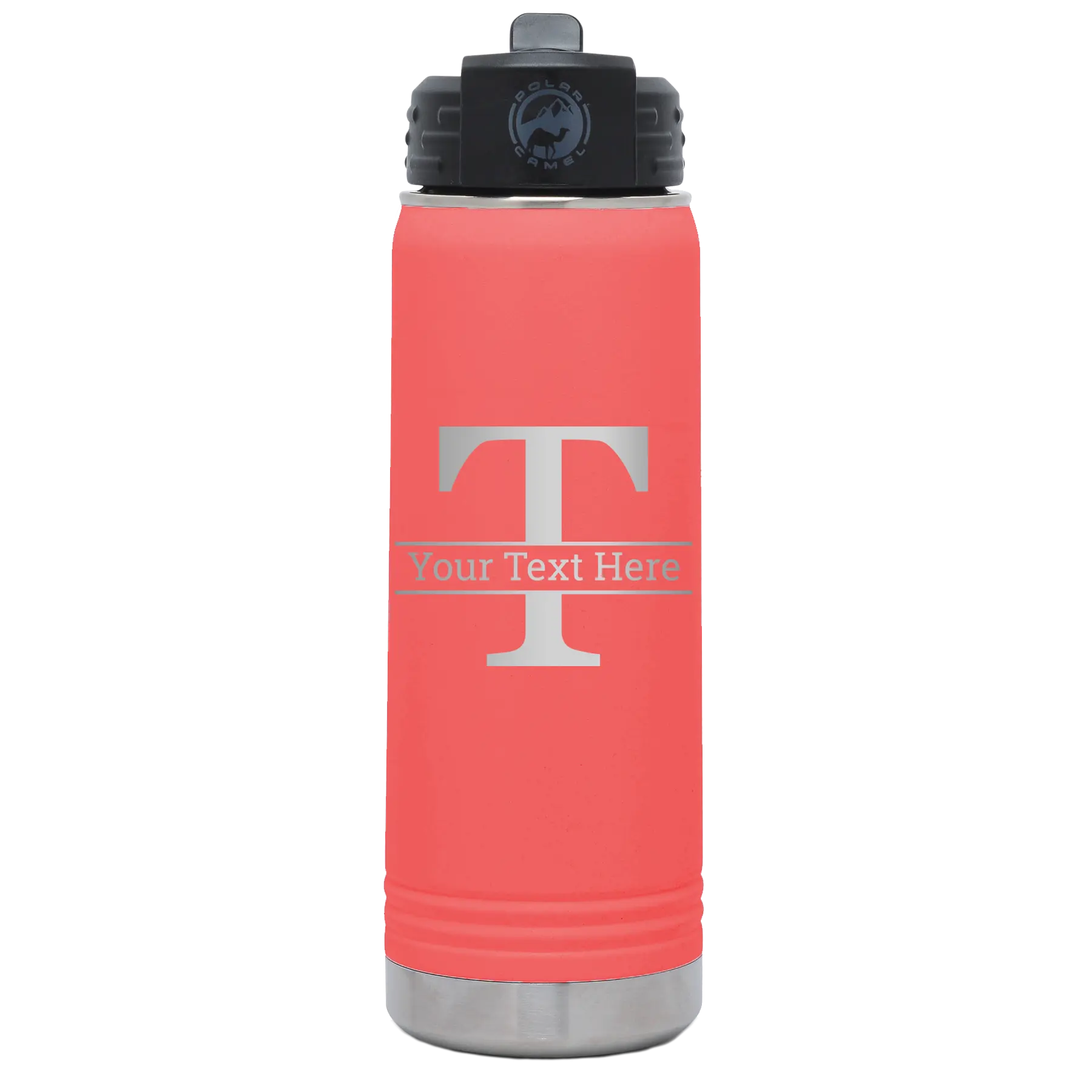 Personalized coral 20 oz vacuum insulated water bottle with 'Monogram letter T' design