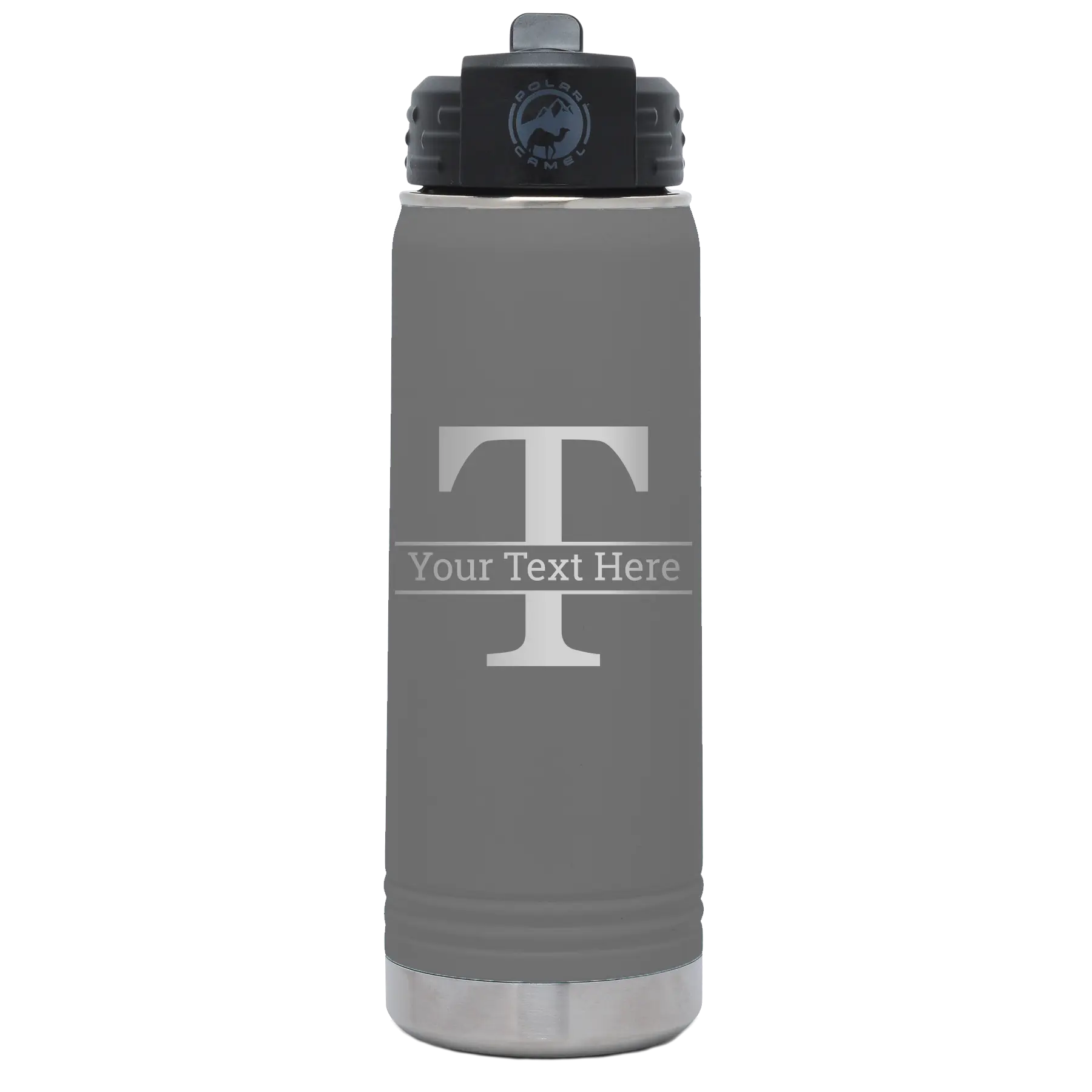 Personalized dark gray 20 oz vacuum insulated water bottle with 'Monogram letter T' design
