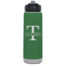 Personalized green 20 oz vacuum insulated water bottle with 'Monogram letter T' design