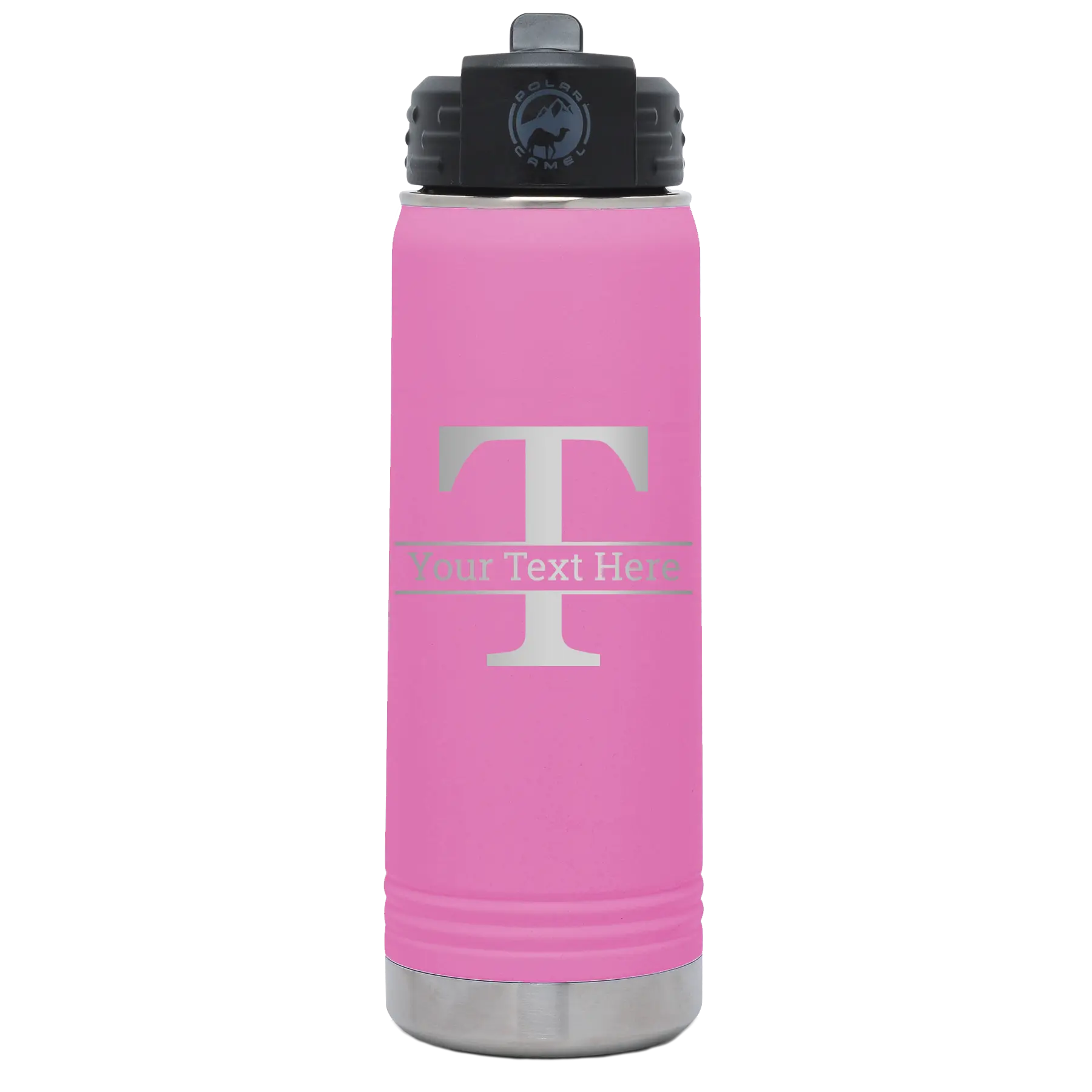 Personalized light purple 20 oz vacuum insulated water bottle with 'Monogram letter T' design