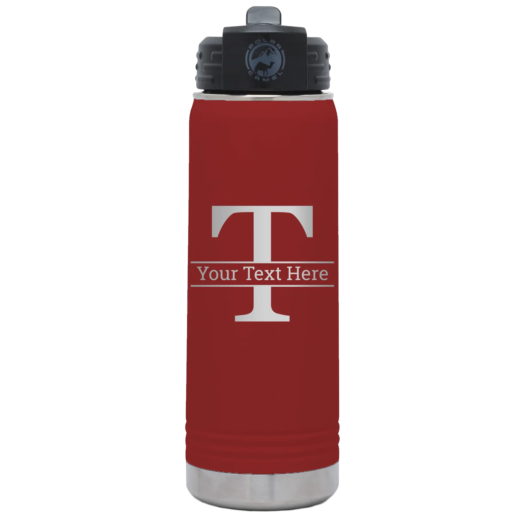Personalized maroon 20 oz vacuum insulated water bottle with 'Monogram letter T' design