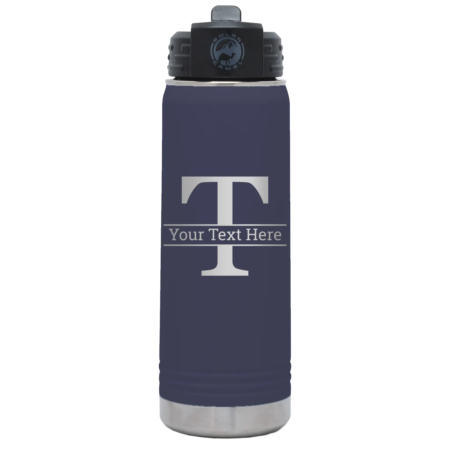 Personalized navy 20 oz vacuum insulated water bottle with 'Monogram letter T' design