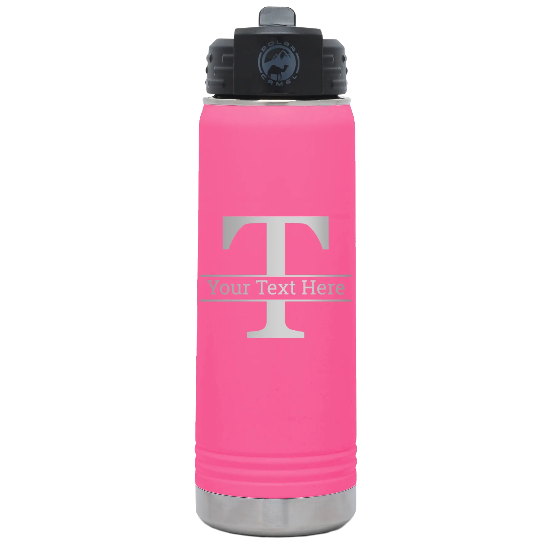 Personalized pink 20 oz vacuum insulated water bottle with 'Monogram letter T' design