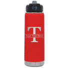 Personalized red 20 oz vacuum insulated water bottle with 'Monogram letter T' design