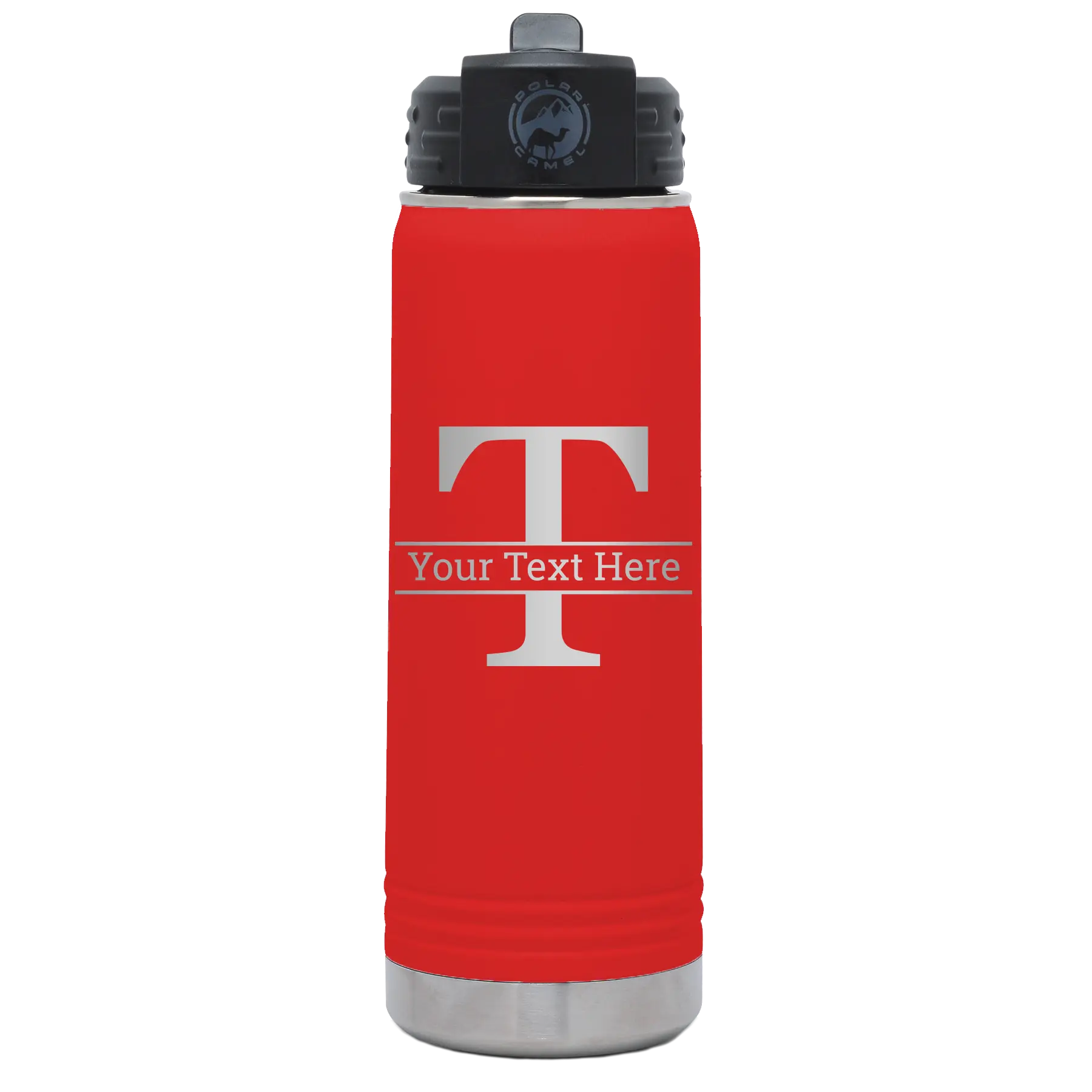 Personalized red 20 oz vacuum insulated water bottle with 'Monogram letter T' design