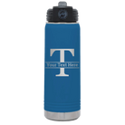 Personalized royal blue 20 oz vacuum insulated water bottle with 'Monogram letter T' design
