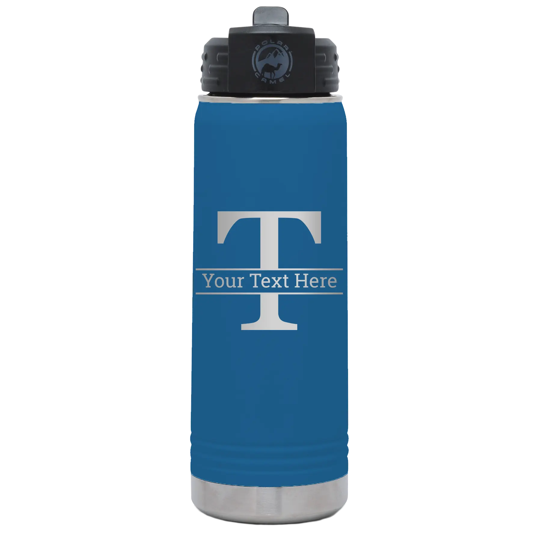 Personalized royal blue 20 oz vacuum insulated water bottle with 'Monogram letter T' design