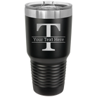 Personalized black 30 oz vacuum insulated tumbler with 'Monogram letter T' design
