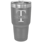 Personalized dark gray 30 oz vacuum insulated tumbler with 'Monogram letter T' design