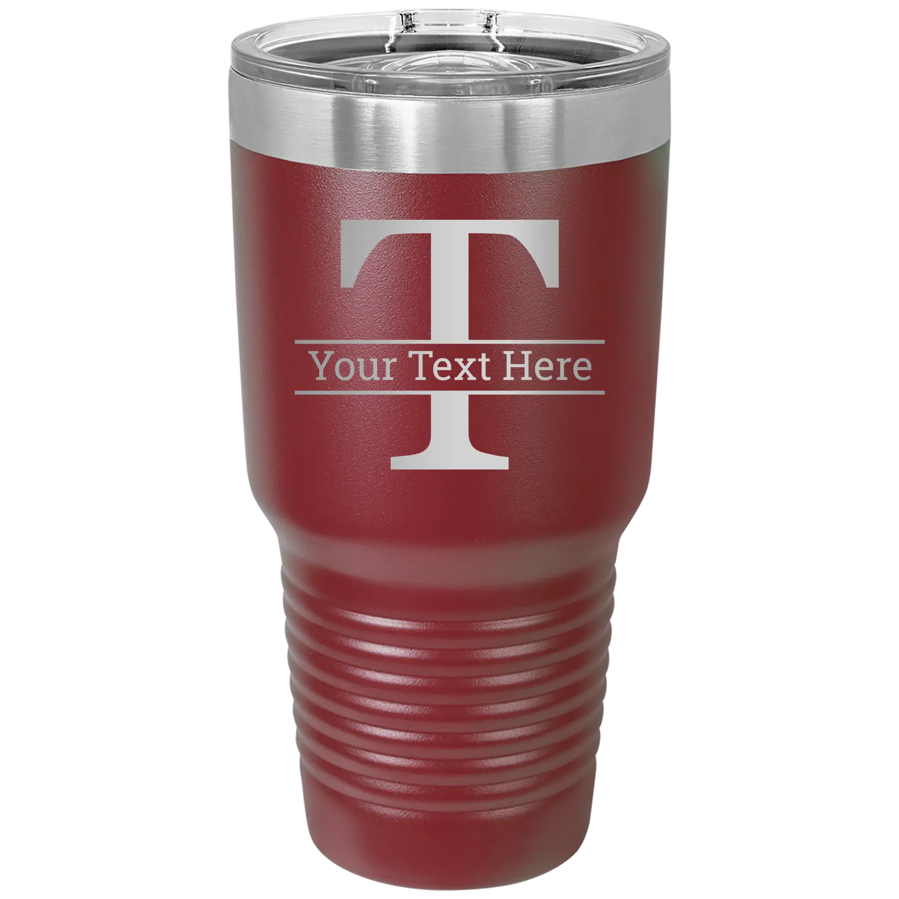 Personalized maroon 30 oz vacuum insulated tumbler with 'Monogram letter T' design