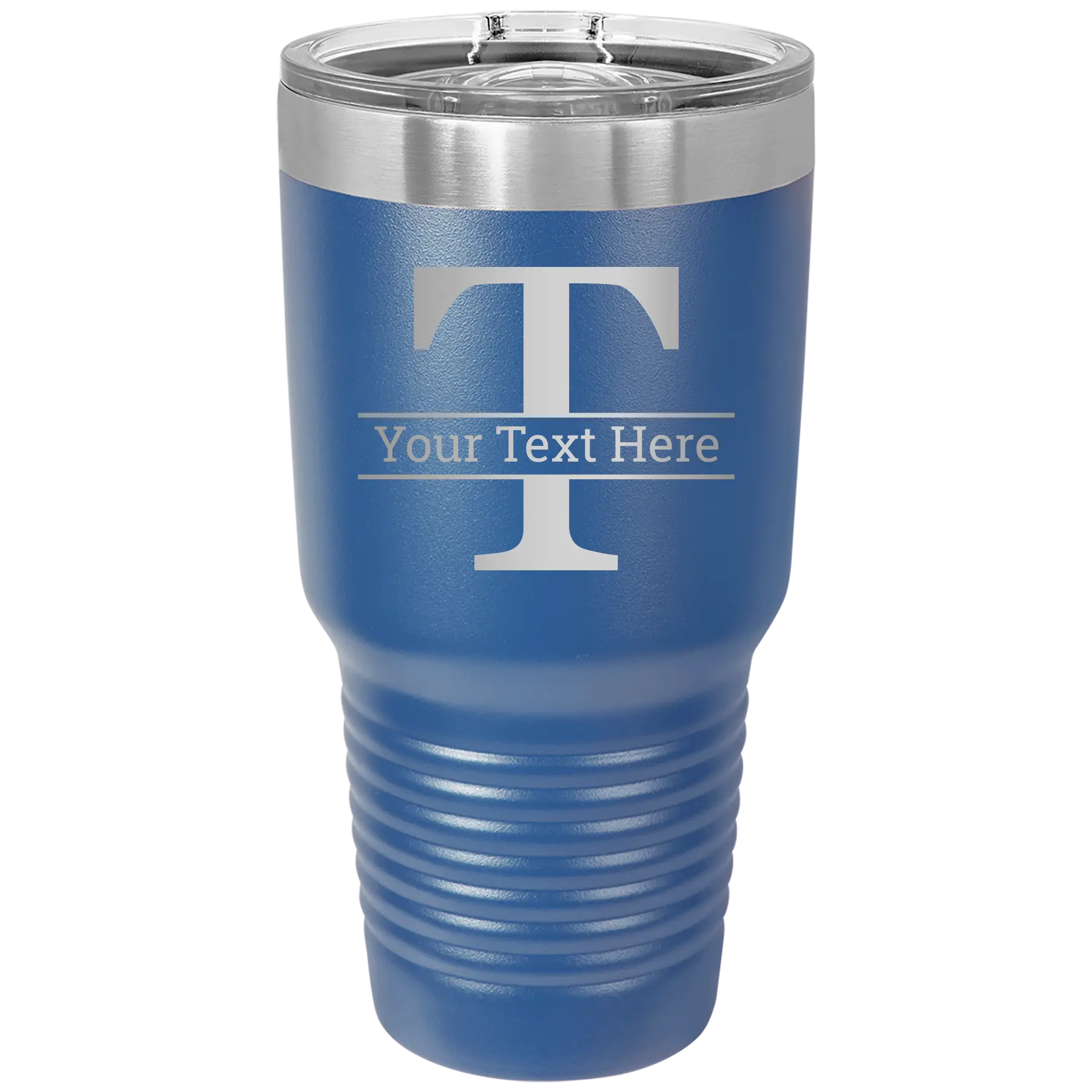 Personalized royal blue 30 oz vacuum insulated tumbler with 'Monogram letter T' design