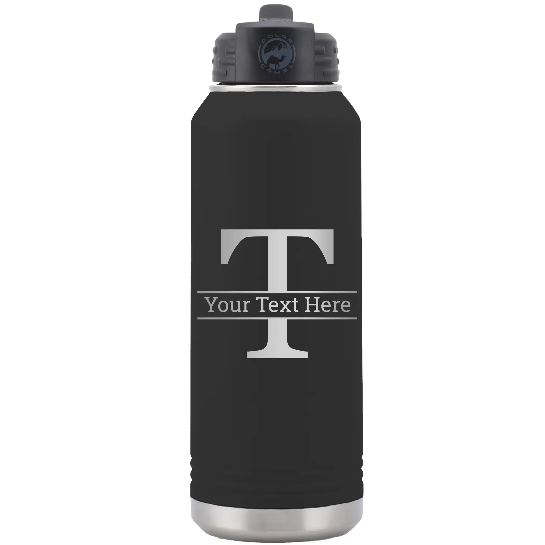 Personalized black 32 oz vacuum insulated water bottle with 'Monogram letter T' design