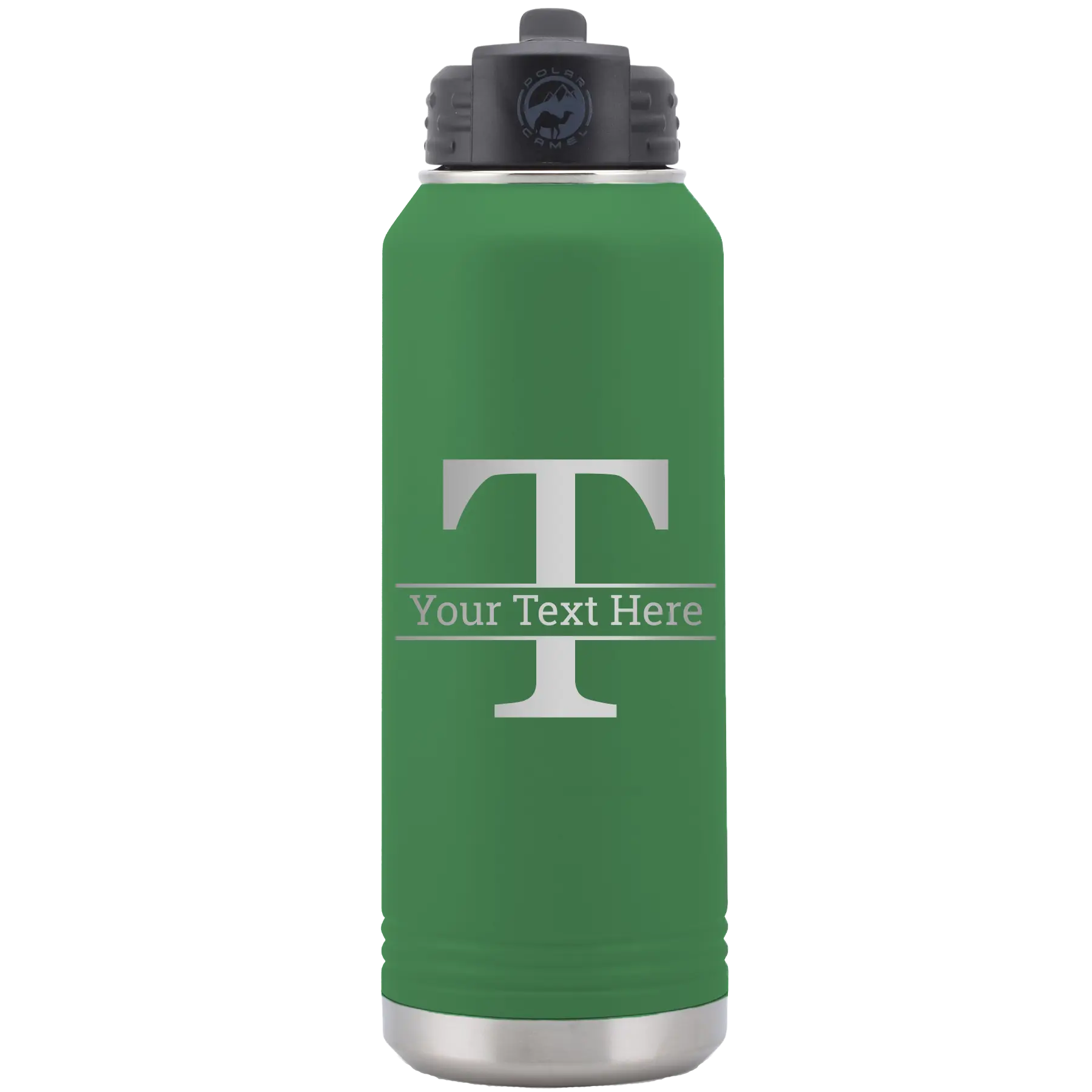 Personalized green 32 oz vacuum insulated water bottle with 'Monogram letter T' design