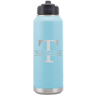 Personalized light blue 32 oz vacuum insulated water bottle with 'Monogram letter T' design