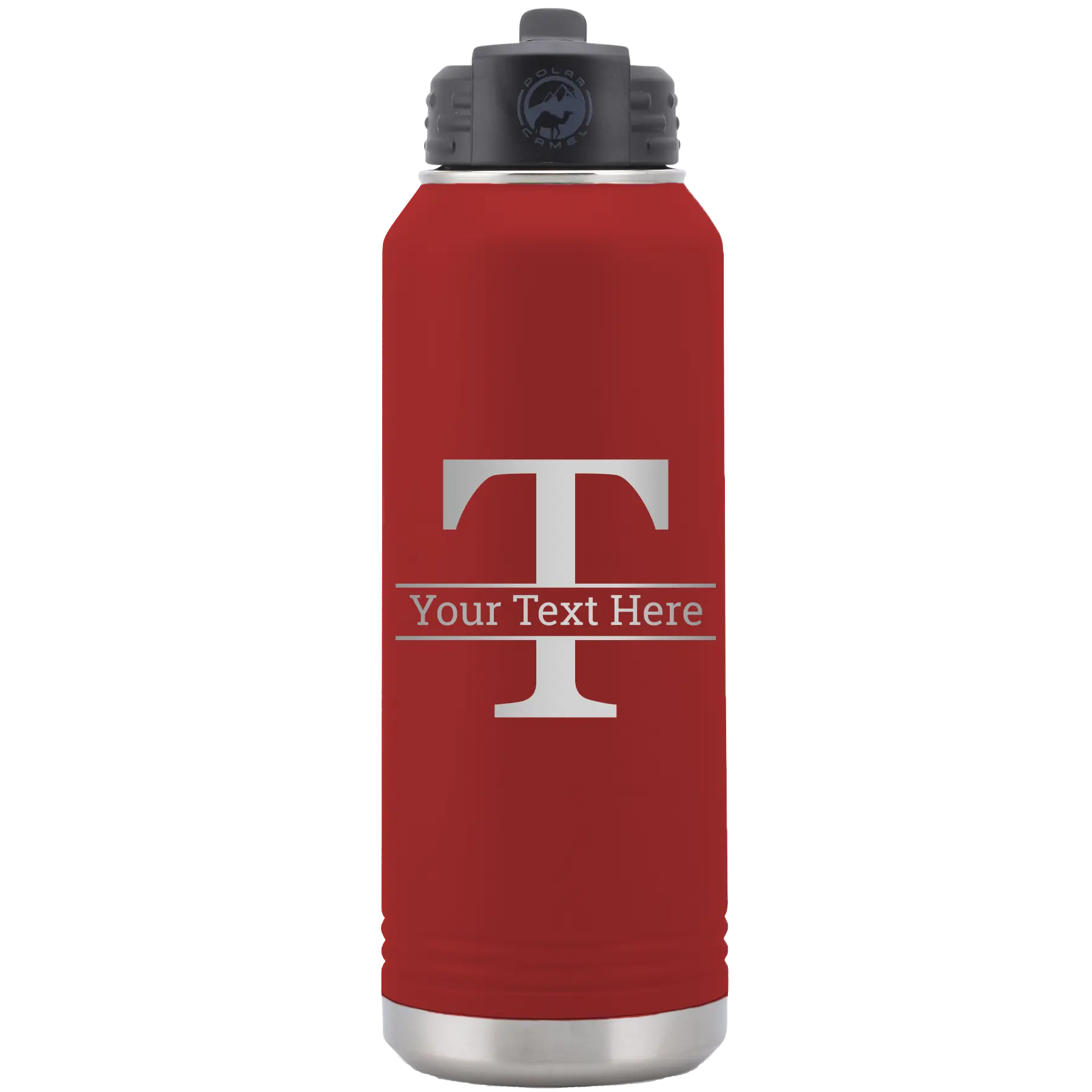 Personalized maroon 32 oz vacuum insulated water bottle with 'Monogram letter T' design