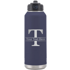 Personalized navy 32 oz vacuum insulated water bottle with 'Monogram letter T' design