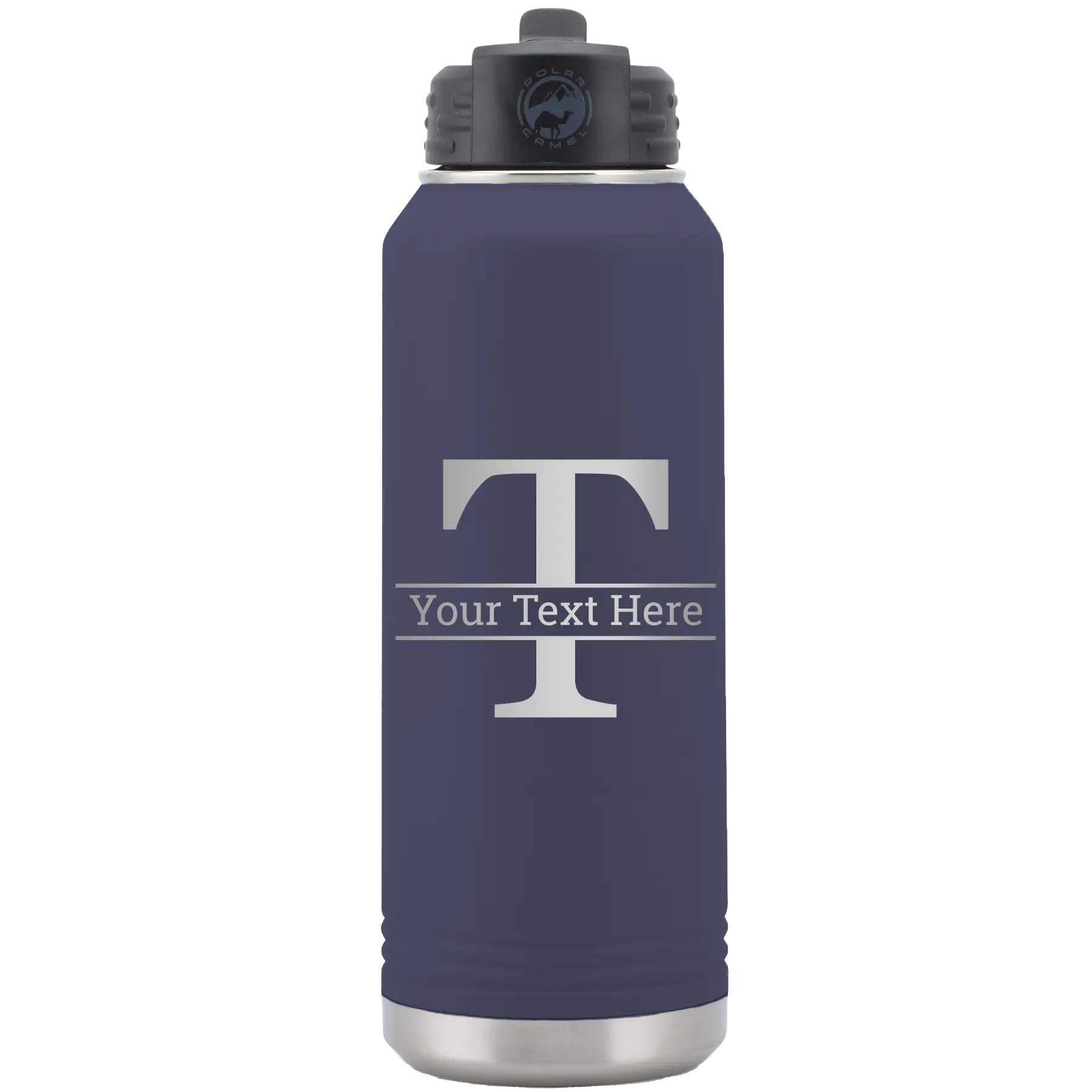 Personalized navy 32 oz vacuum insulated water bottle with 'Monogram letter T' design