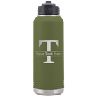 Personalized olive green 32 oz vacuum insulated water bottle with 'Monogram letter T' design