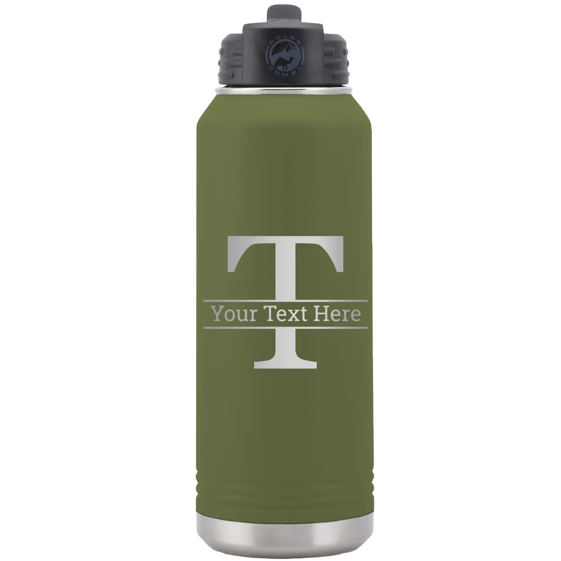 Personalized olive green 32 oz vacuum insulated water bottle with 'Monogram letter T' design