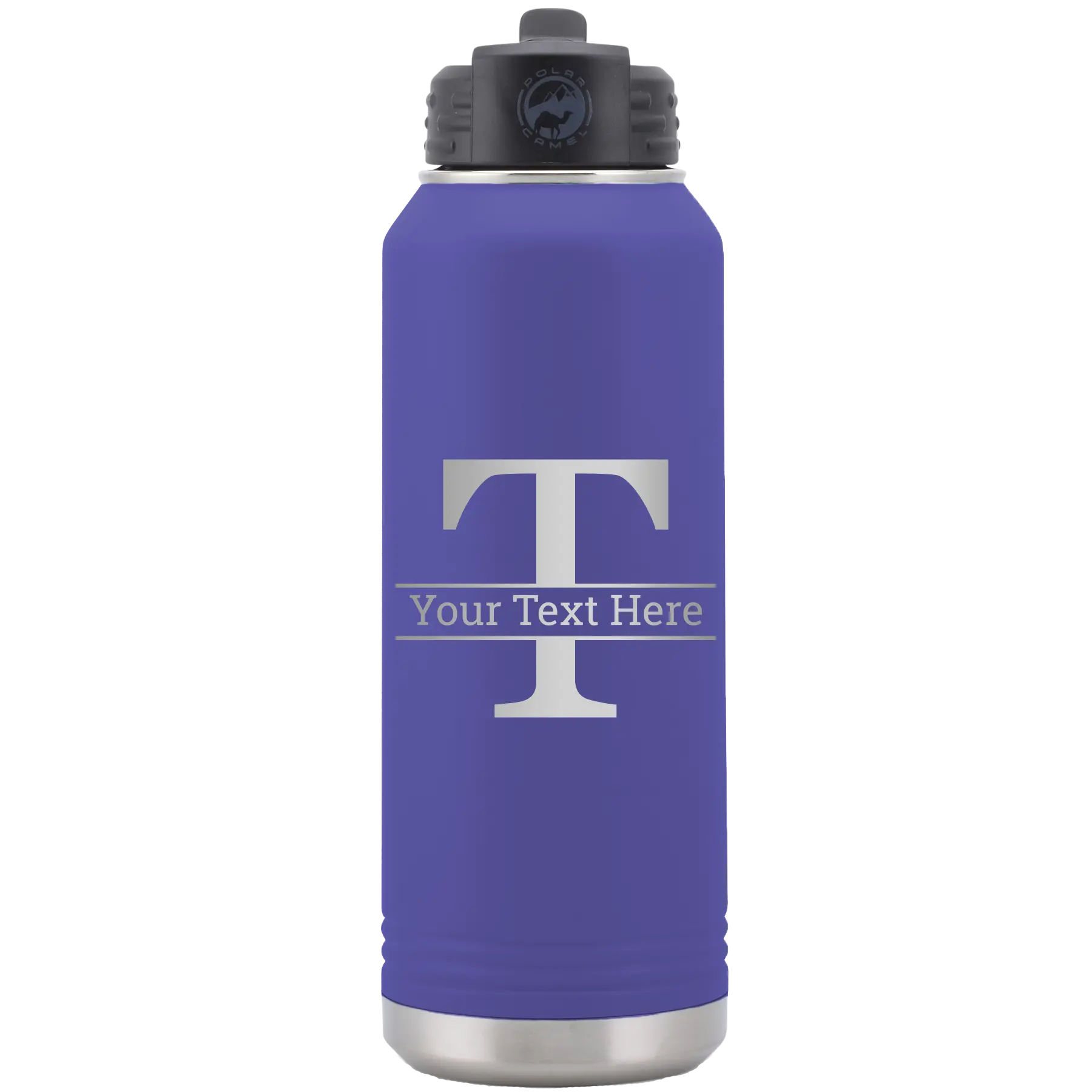 Personalized purple 32 oz vacuum insulated water bottle with 'Monogram letter T' design