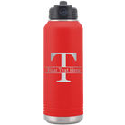 Personalized red 32 oz vacuum insulated water bottle with 'Monogram letter T' design