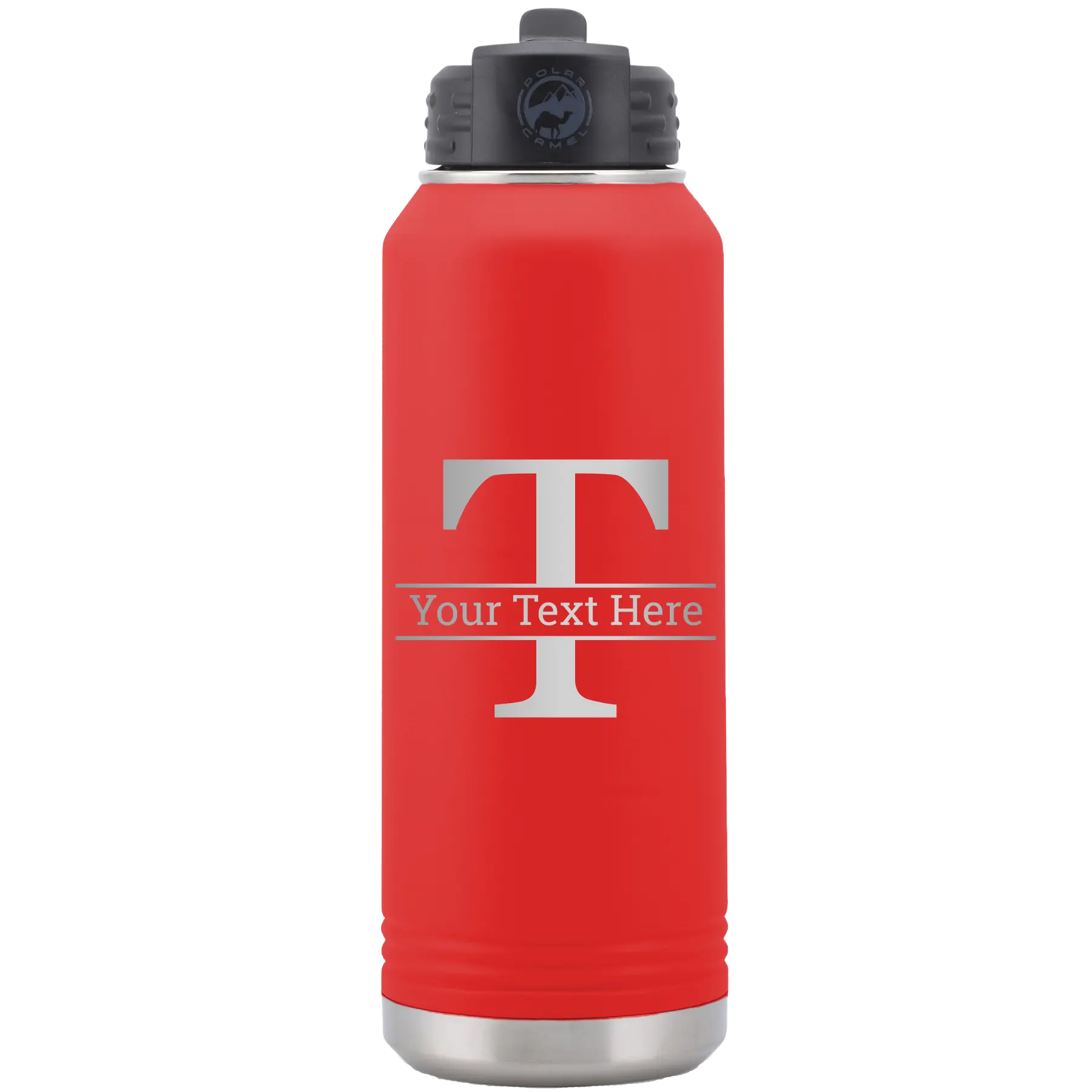 Personalized red 32 oz vacuum insulated water bottle with 'Monogram letter T' design