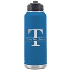 Personalized royal blue 32 oz vacuum insulated water bottle with 'Monogram letter T' design