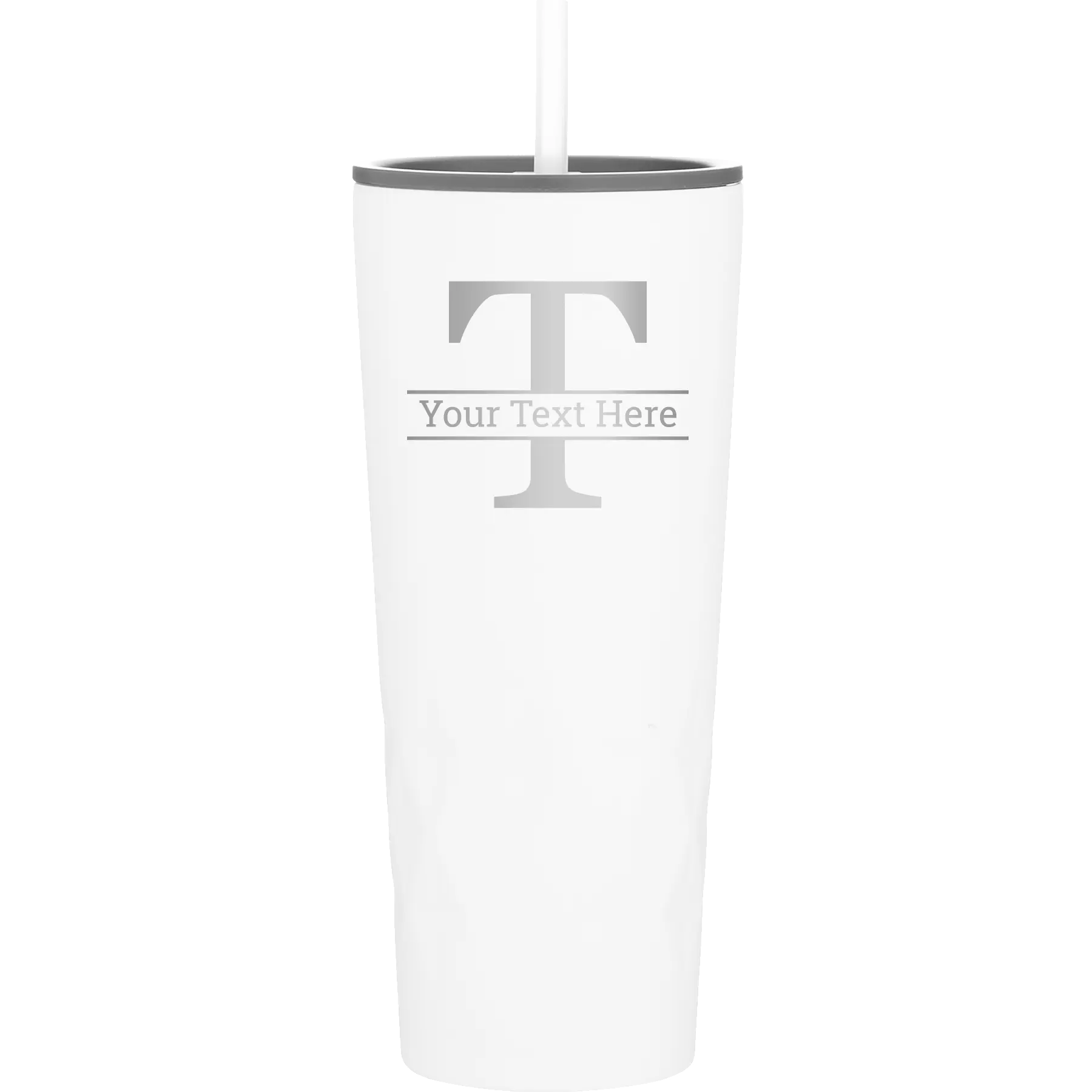 Personalized white 20 oz vacuum insulated tumbler with 'Monogram letter T' design