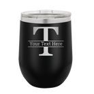 Personalized black 12 oz vacuum insulated wine cup with 'Monogram letter T' design