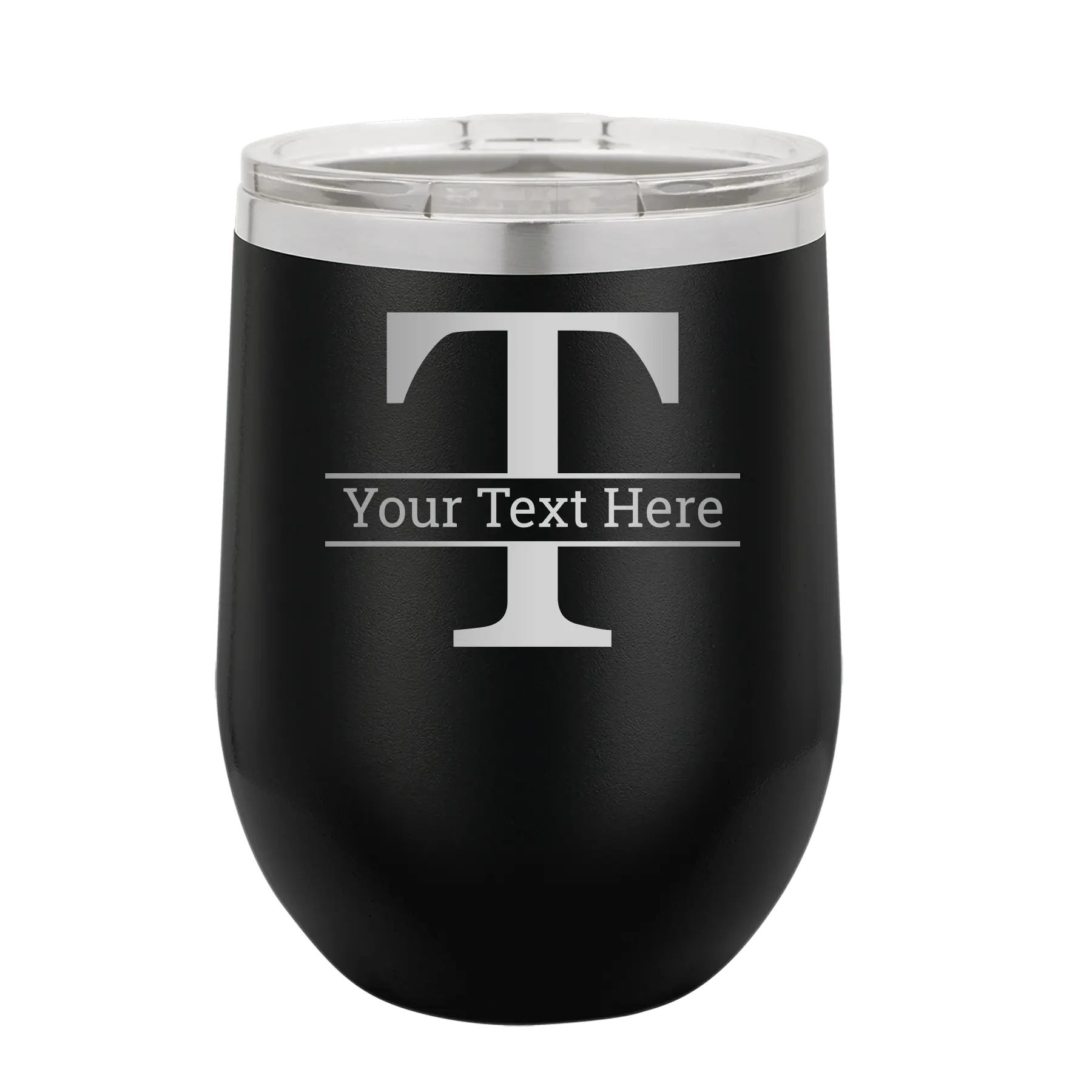 Personalized black 12 oz vacuum insulated wine cup with 'Monogram letter T' design