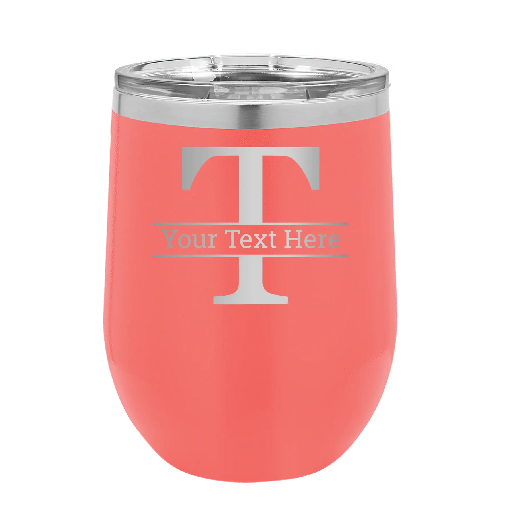 Personalized coral 12 oz vacuum insulated wine cup with 'Monogram letter T' design
