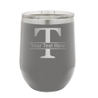 Personalized dark gray 12 oz vacuum insulated wine cup with 'Monogram letter T' design