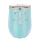 Personalized light blue 12 oz vacuum insulated wine cup with 'Monogram letter T' design