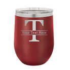 Personalized maroon 12 oz vacuum insulated wine cup with 'Monogram letter T' design