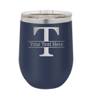 Personalized navy 12 oz vacuum insulated wine cup with 'Monogram letter T' design