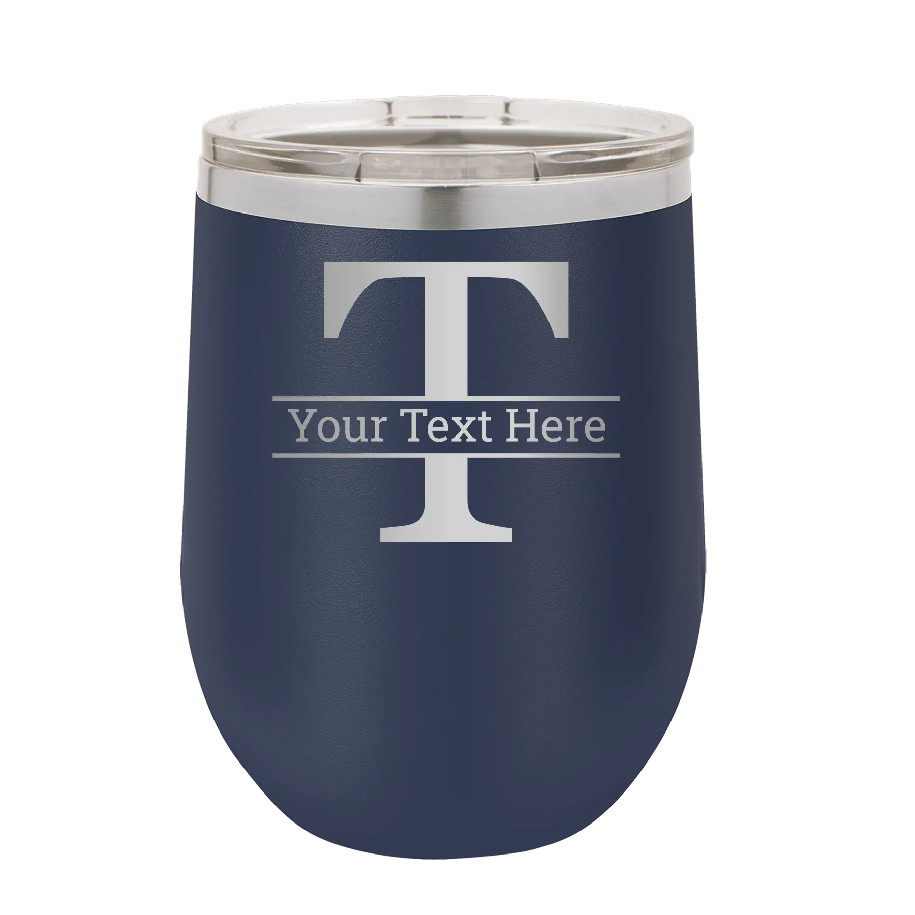 Personalized navy 12 oz vacuum insulated wine cup with 'Monogram letter T' design