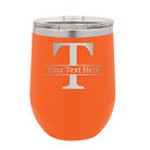 Personalized orange 12 oz vacuum insulated wine cup with 'Monogram letter T' design
