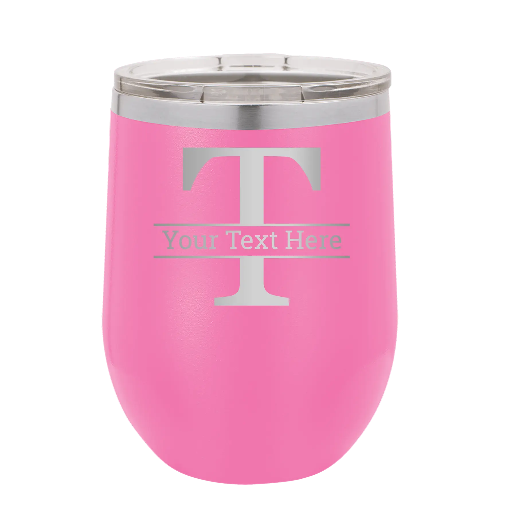 Personalized pink 12 oz vacuum insulated wine cup with 'Monogram letter T' design