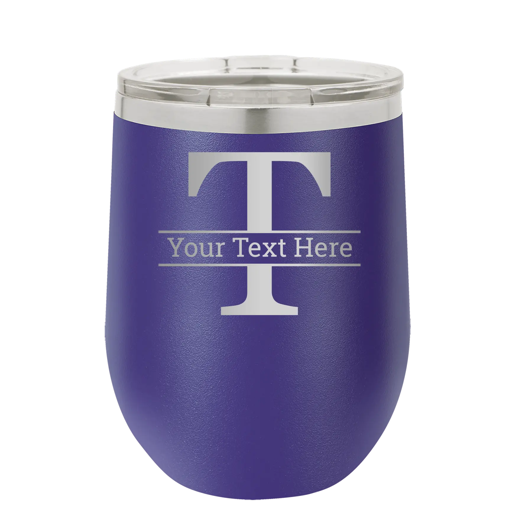 Personalized purple 12 oz vacuum insulated wine cup with 'Monogram letter T' design