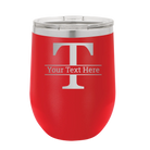 Personalized red 12 oz vacuum insulated wine cup with 'Monogram letter T' design