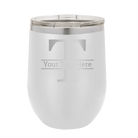 Personalized white 12 oz vacuum insulated wine cup with 'Monogram letter T' design
