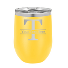 Personalized yellow 12 oz vacuum insulated wine cup with 'Monogram letter T' design