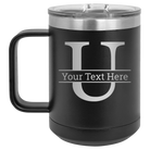 Personalized black 15 oz vacuum insulated coffee mug with 'Monogram letter U' design