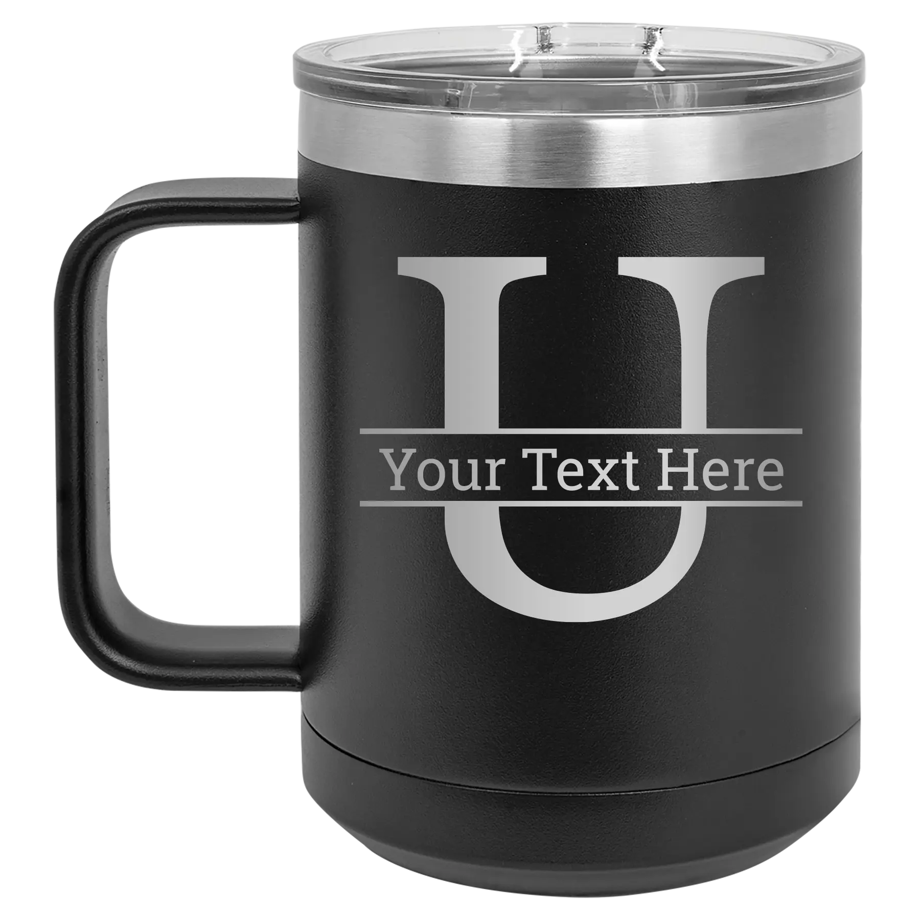 Personalized black 15 oz vacuum insulated coffee mug with 'Monogram letter U' design